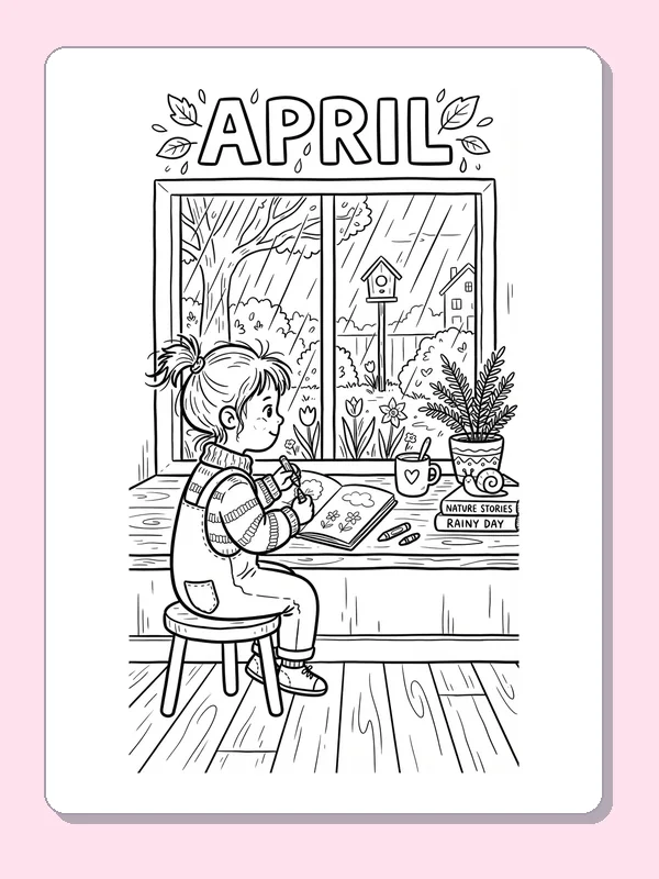 Girl drawing flowers at a desk beside a rainy window, mug, books and potted fern