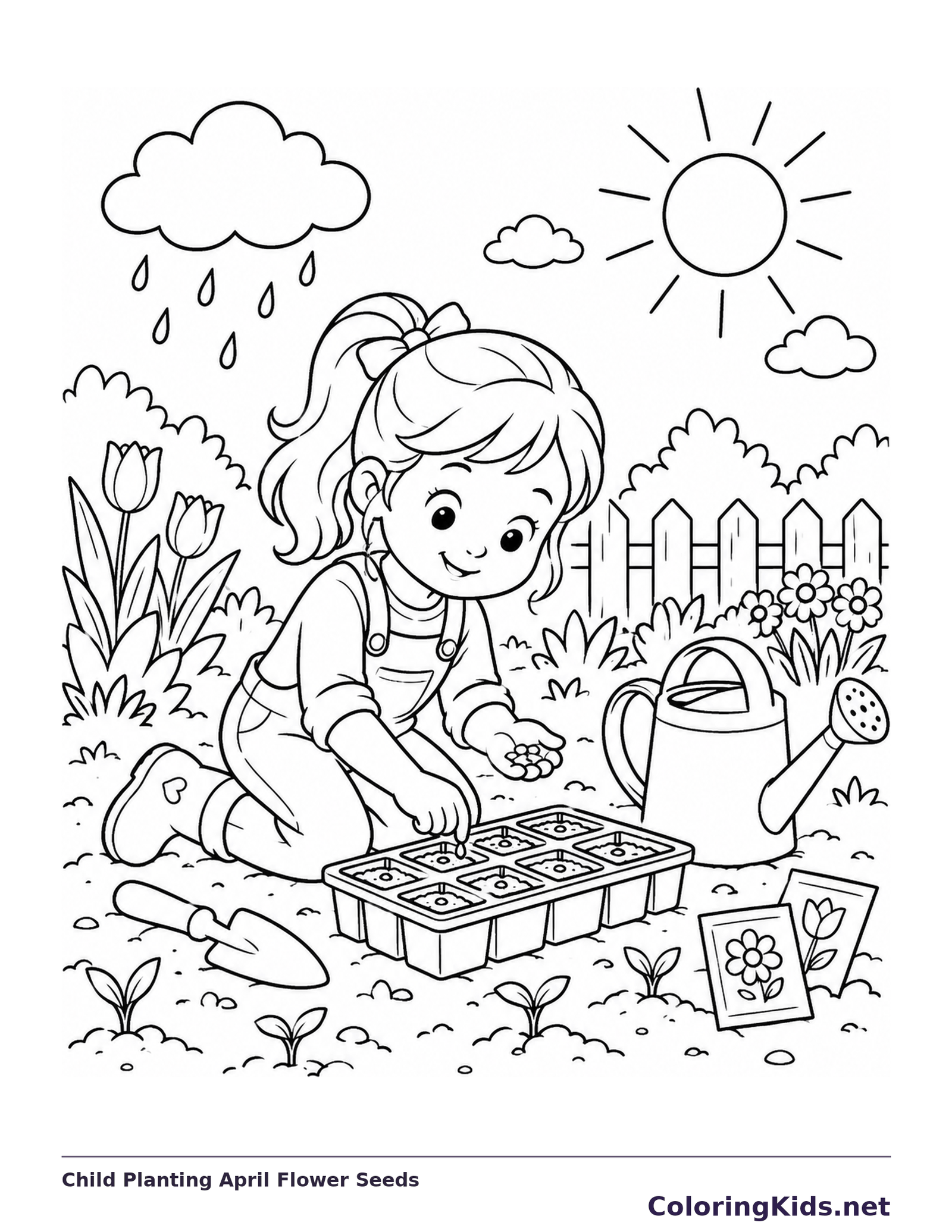 Child planting flower seeds in a tray with a watering can, trowel, tulips, rain cloud and sun