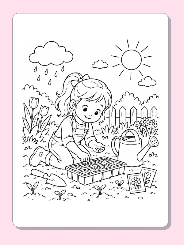 Child planting flower seeds in a tray with a watering can, trowel, tulips, rain cloud and sun