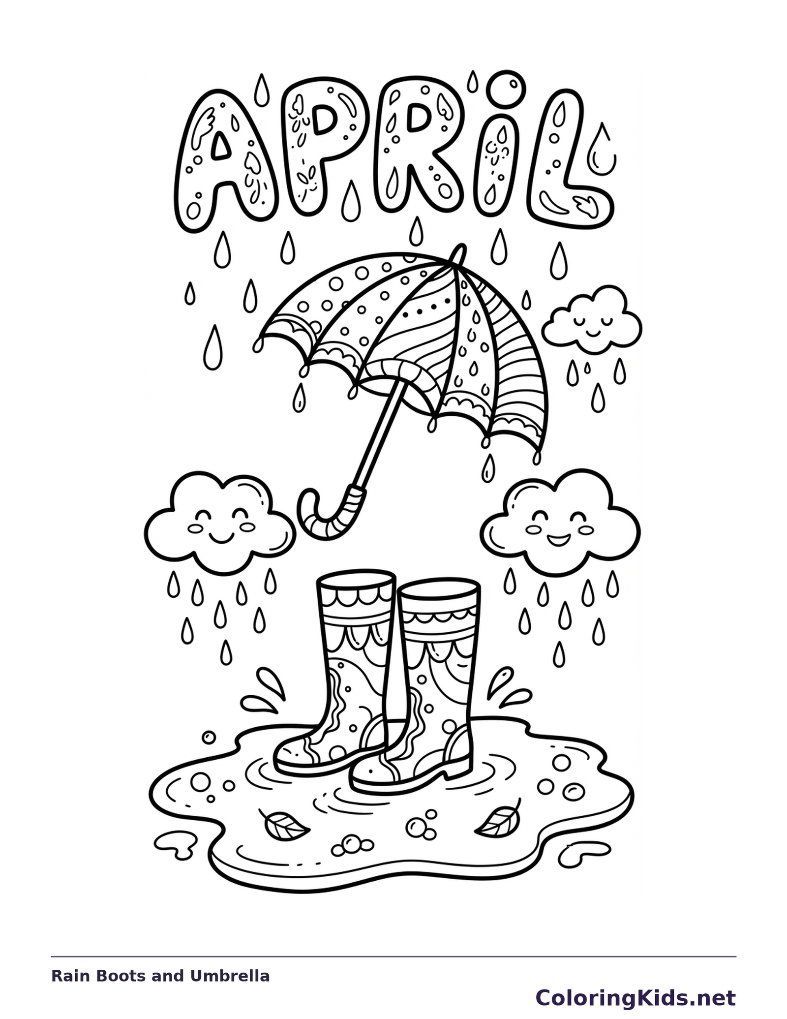 April letters above a patterned umbrella, two rain boots in a puddle and smiling rain clouds