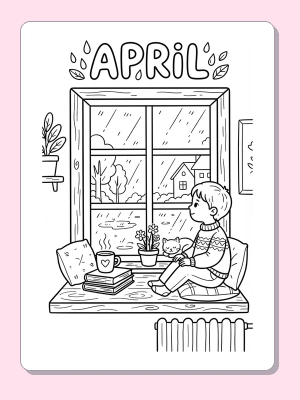 Child with a cat, mug, books and flowers beside a large rainy April window