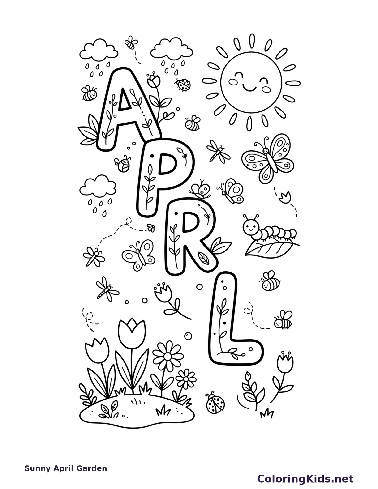 April letters surrounded by a smiling sun, butterflies, bees, tulips and other flowers