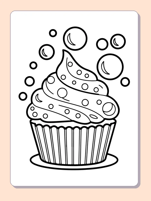 Black and white printable bubble-topped cupcake coloring sheet