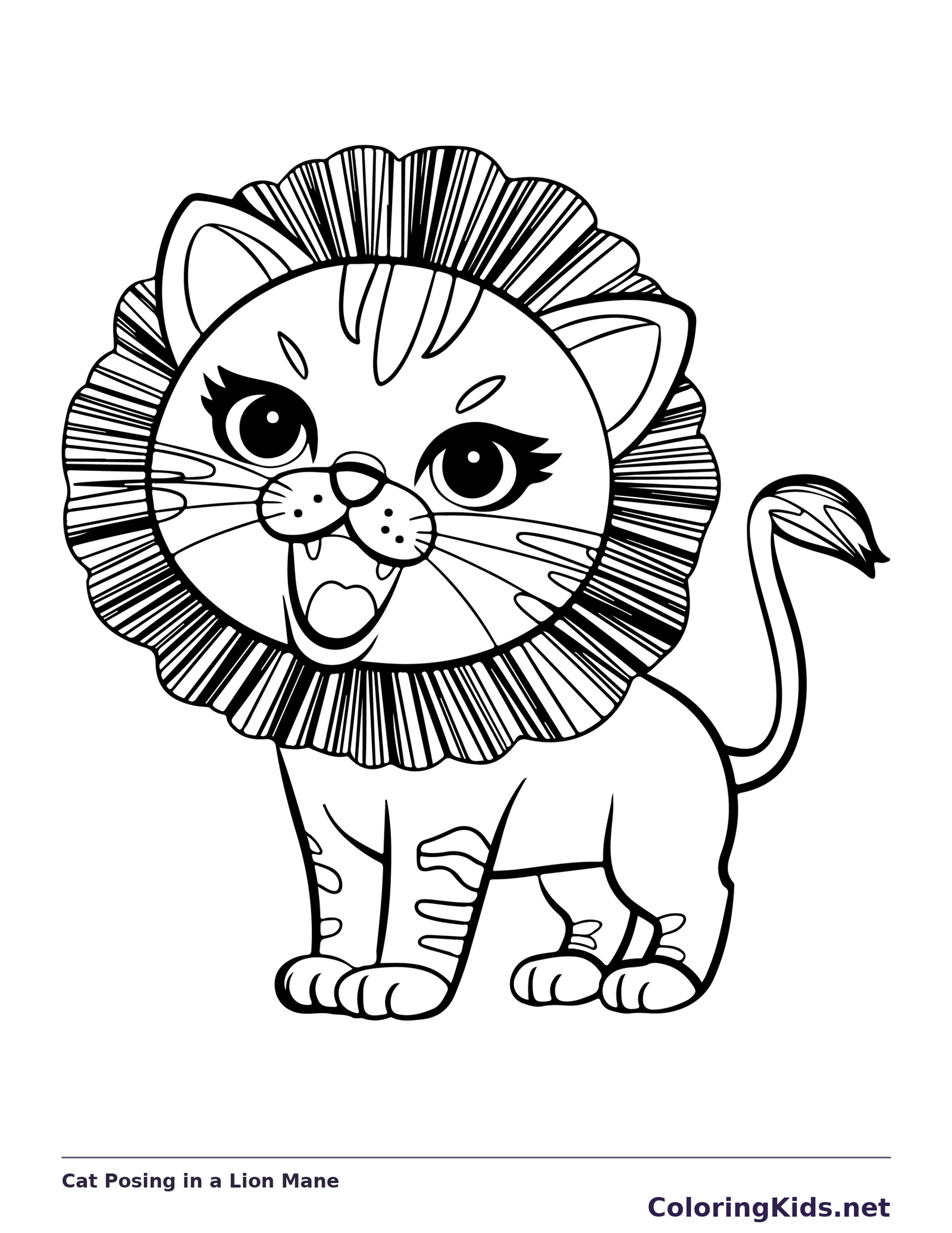 Black and white printable cat posing in a lion mane coloring sheet
