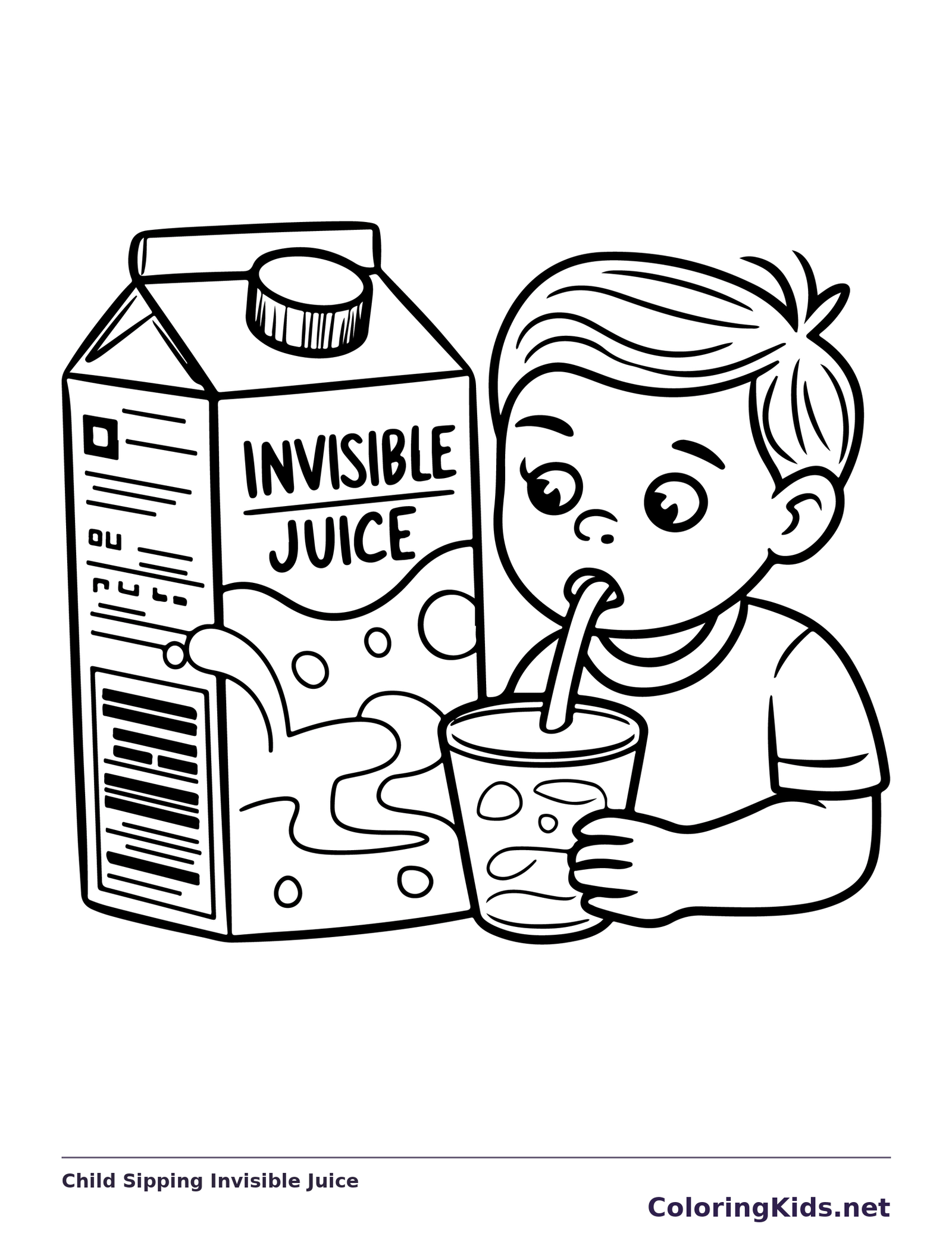 Black and white printable child sipping invisible juice coloring sheet