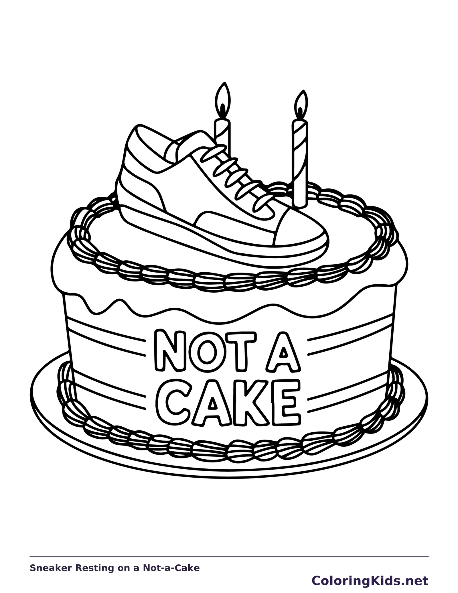 Black and white printable sneaker resting on a not-a-cake coloring sheet