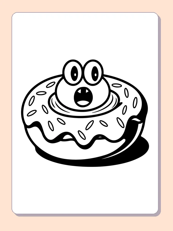 Black and white printable surprised doughnut with googly eyes coloring sheet