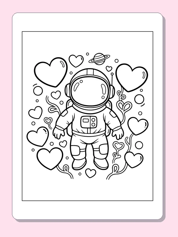 Astronaut among Floating Hearts astronaut coloring page, original black and white line art