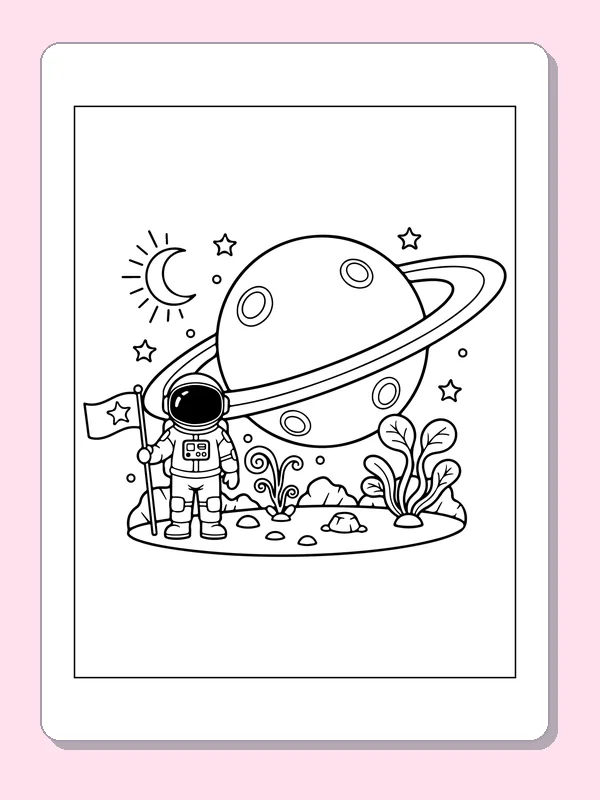 Astronaut beside a Giant Ringed Planet astronaut coloring page, original black and white line art