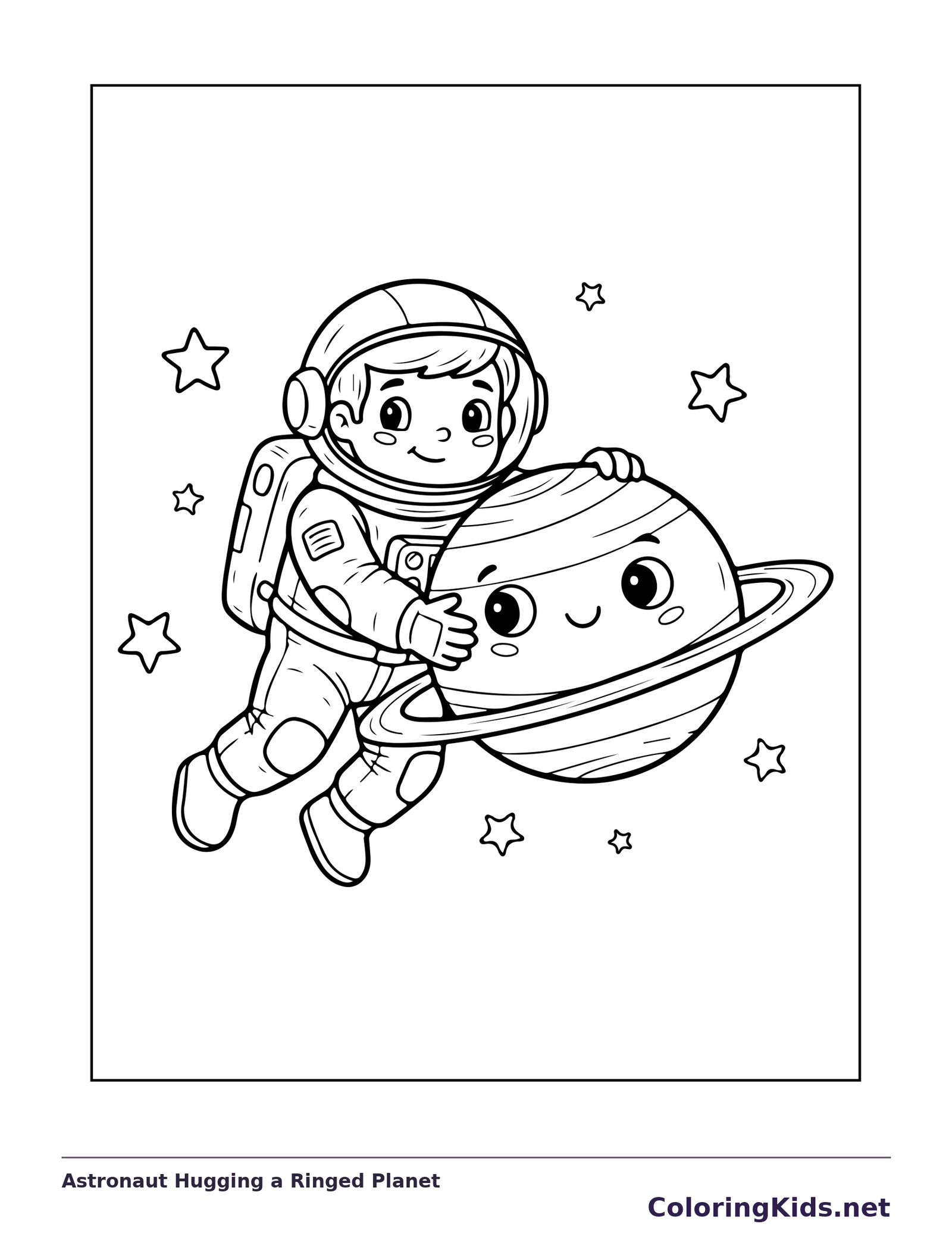 Astronaut Hugging a Ringed Planet astronaut coloring page, original black and white line art