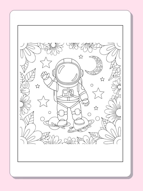 Astronaut in a Flower Frame astronaut coloring page, original black and white line art