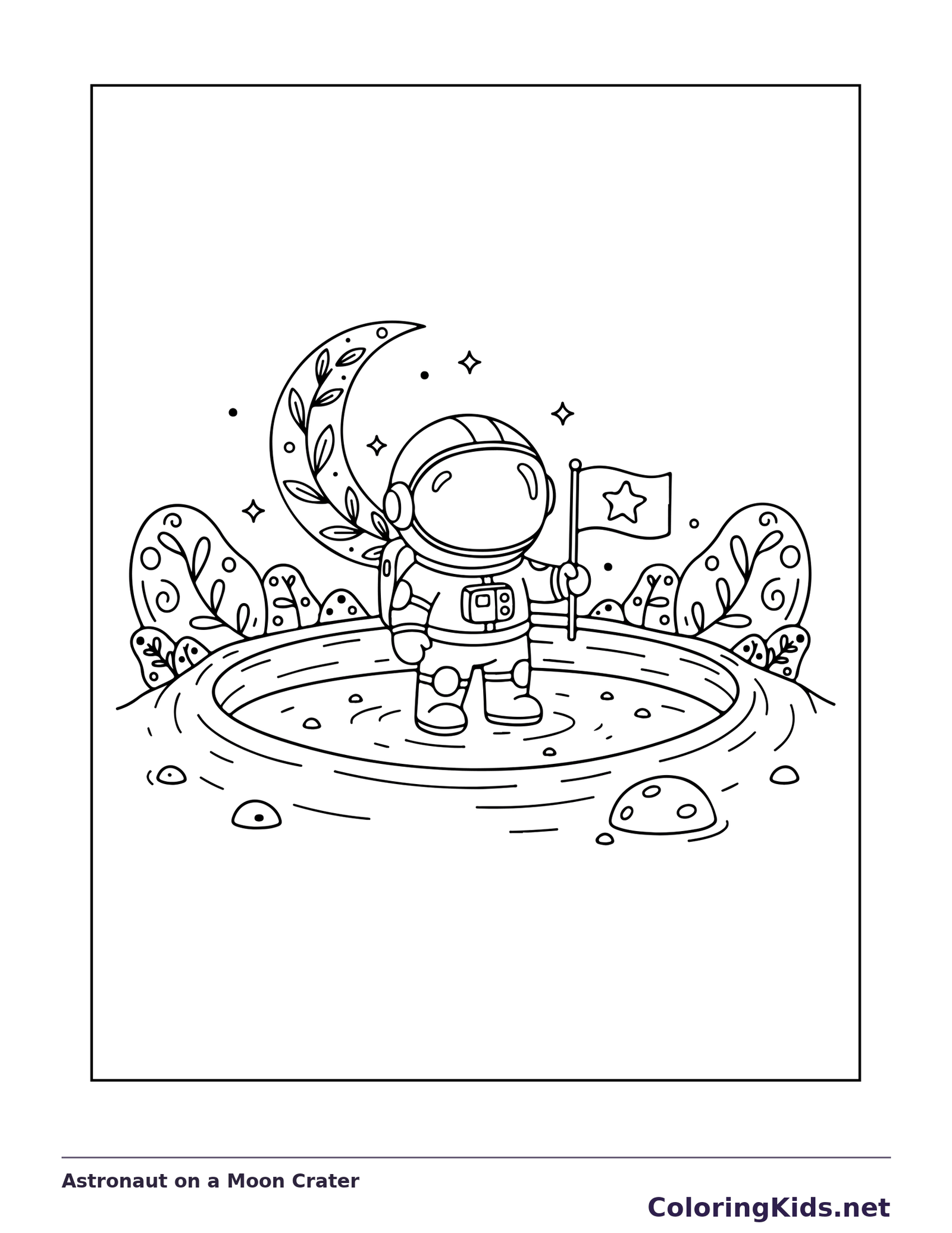 Astronaut on a Moon Crater astronaut coloring page, original black and white line art