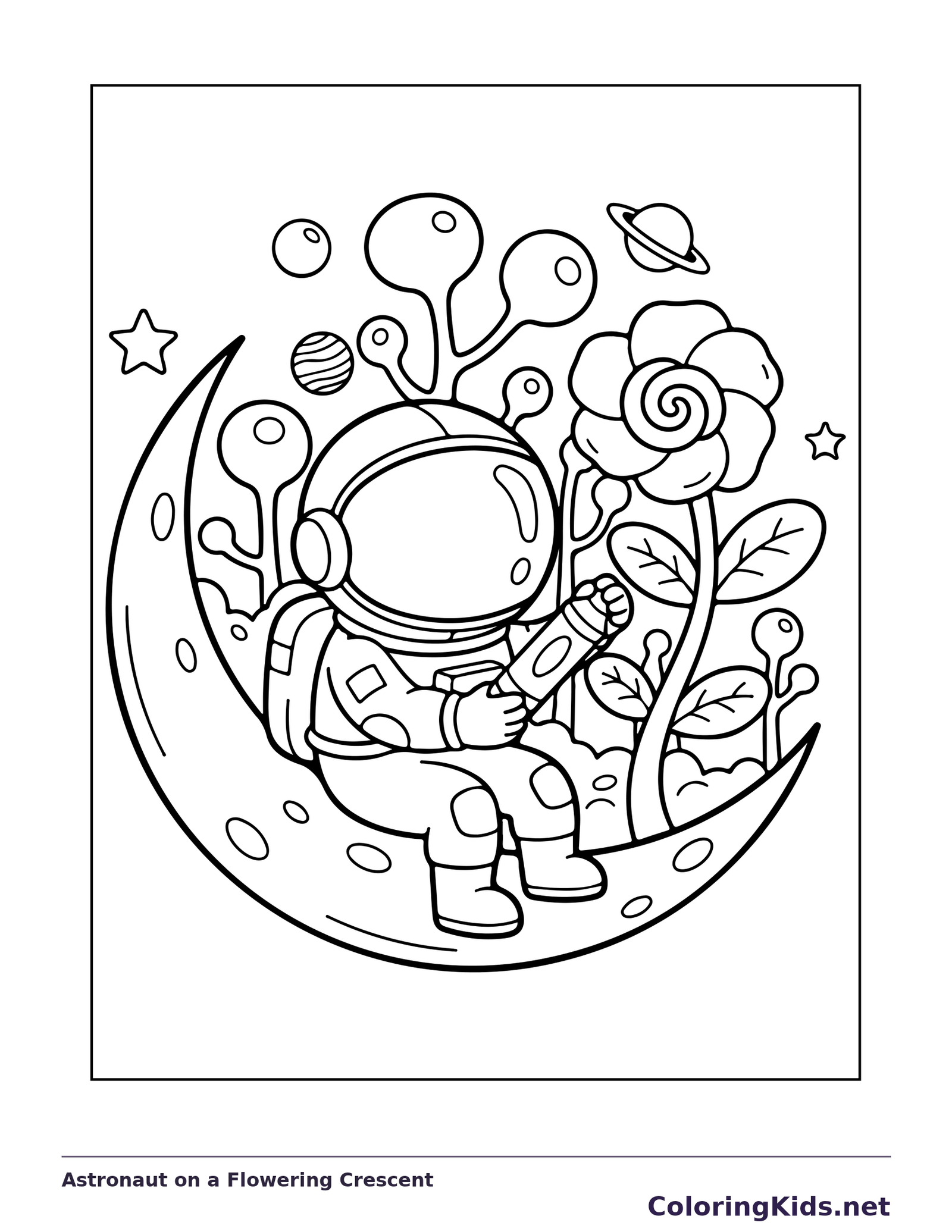 Astronaut on a Flowering Crescent astronaut coloring page, original black and white line art