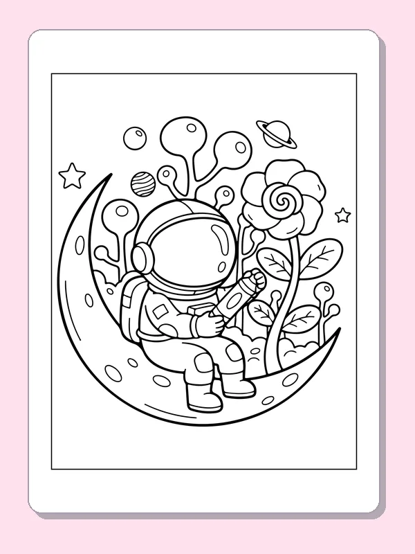 Astronaut on a Flowering Crescent astronaut coloring page, original black and white line art