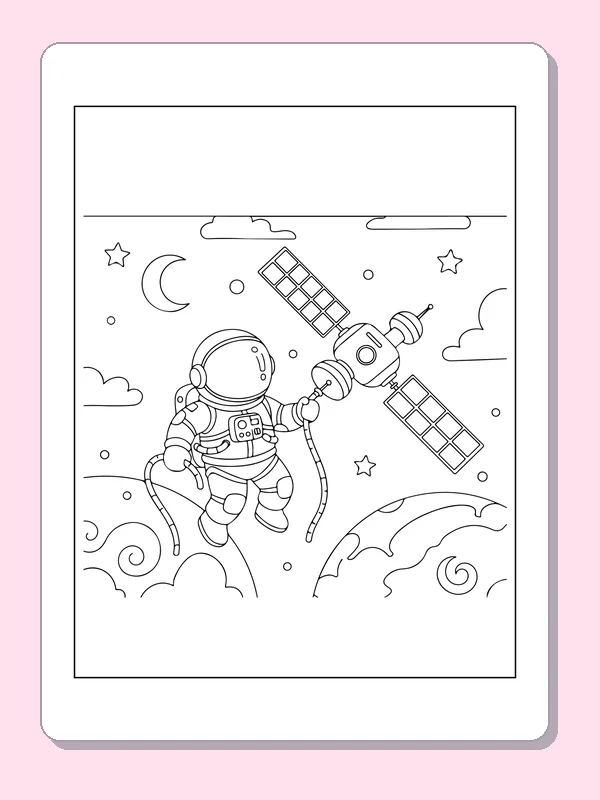 Astronaut Reaching for a Satellite astronaut coloring page, original black and white line art