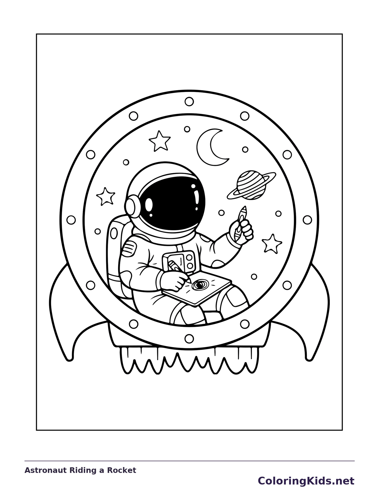 Astronaut Riding a Rocket astronaut coloring page, original black and white line art