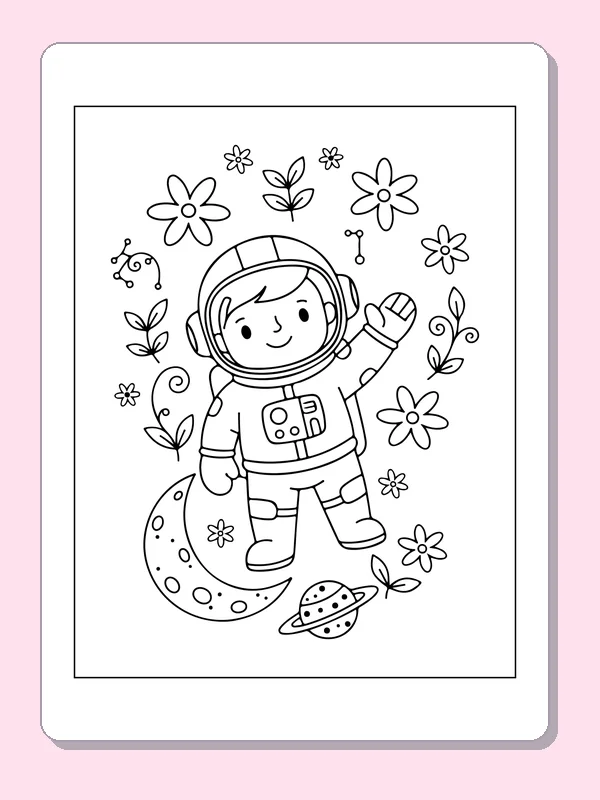 Astronaut Surrounded by Flowers astronaut coloring page, original black and white line art