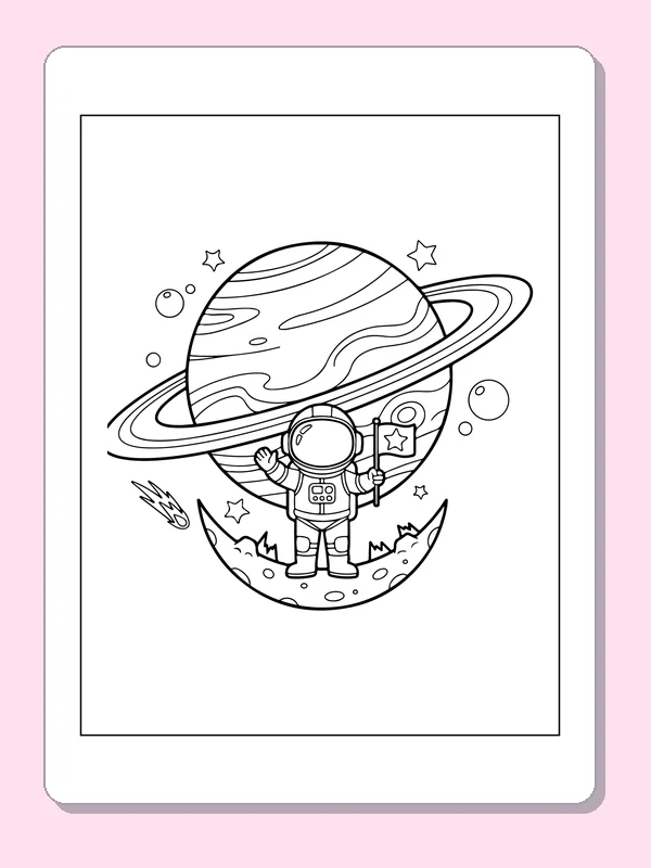 Astronaut beneath a Ringed Planet astronaut coloring page, original black and white line art