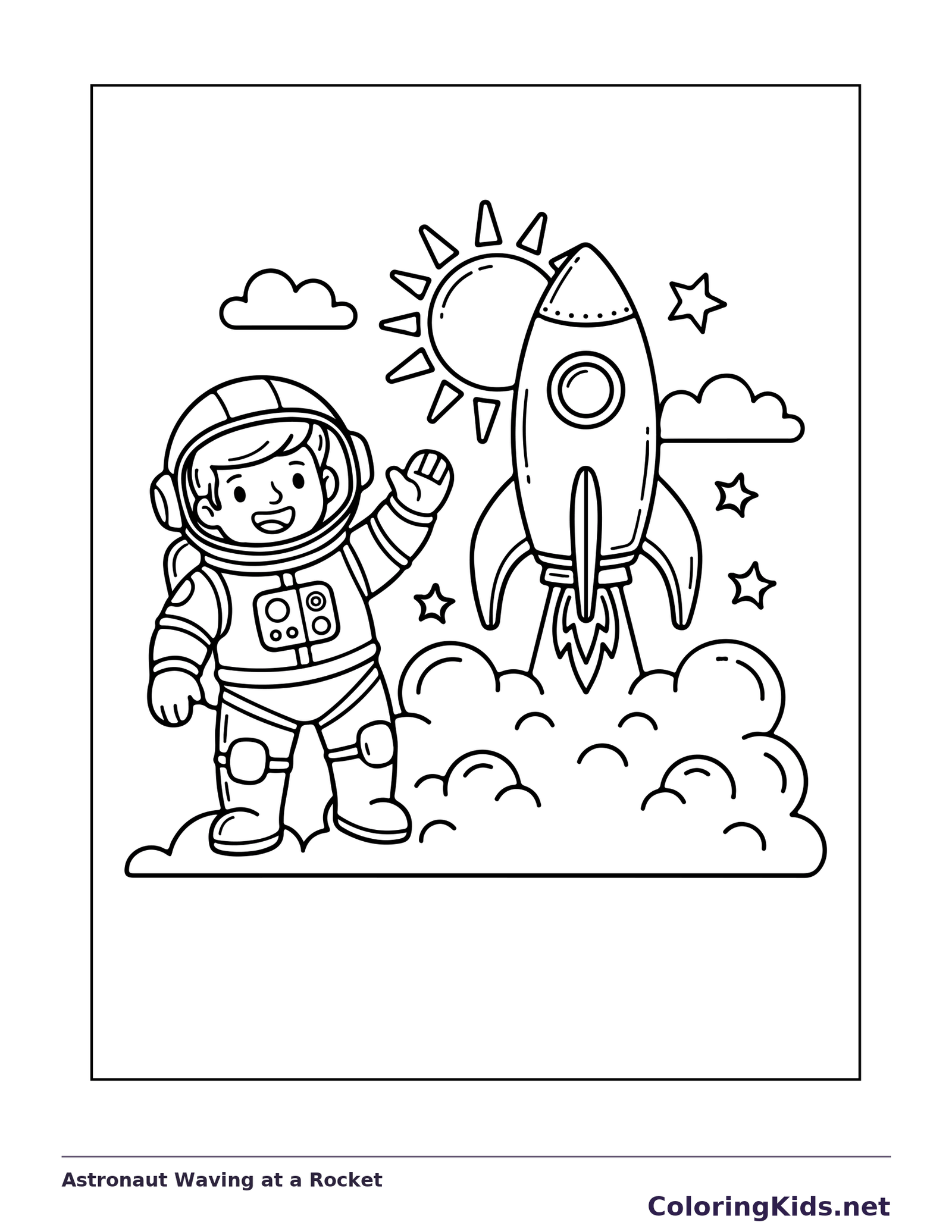 Astronaut Waving at a Rocket astronaut coloring page, original black and white line art