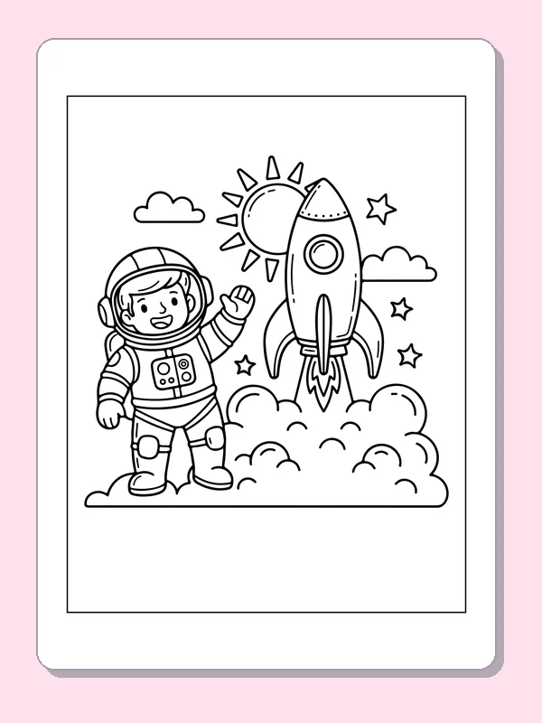 Astronaut Waving at a Rocket astronaut coloring page, original black and white line art