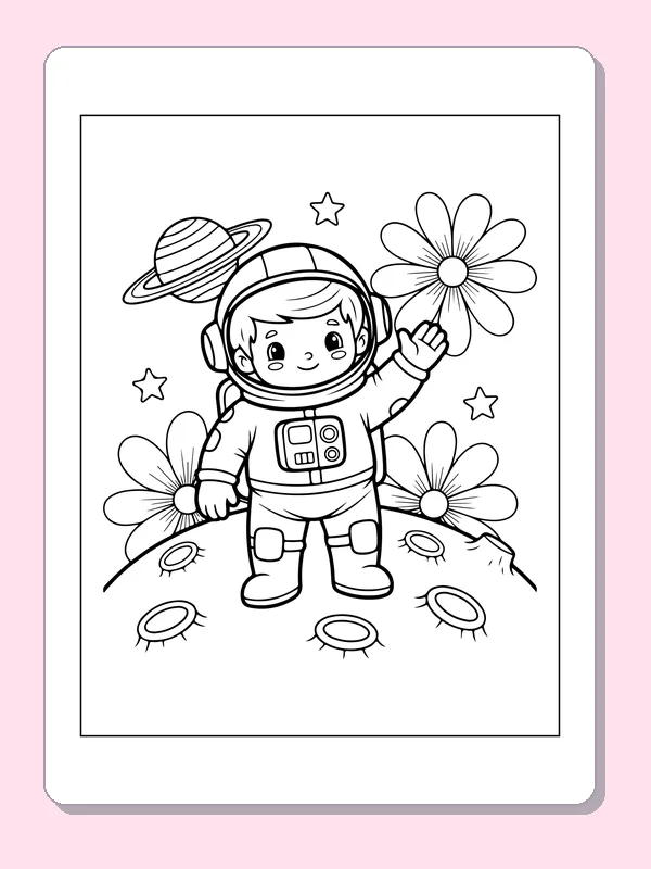Astronaut with a Big Flower astronaut coloring page, original black and white line art