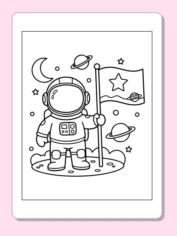 Astronaut with a Star Flag astronaut coloring page, original black and white line art