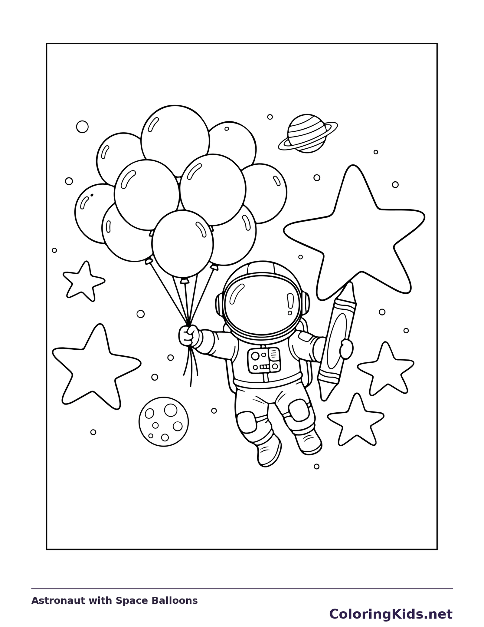 Astronaut with Space Balloons astronaut coloring page, original black and white line art