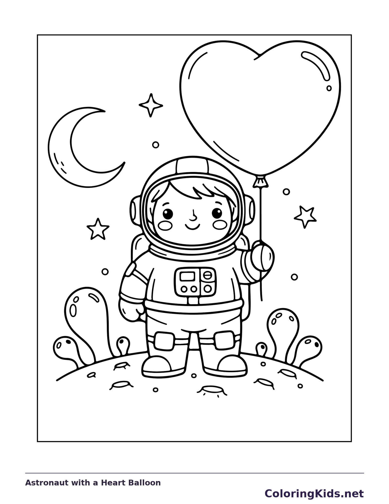 Astronaut with a Heart Balloon astronaut coloring page, original black and white line art