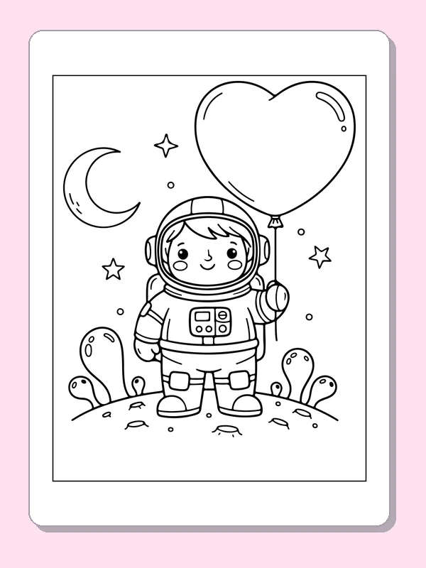 Astronaut with a Heart Balloon astronaut coloring page, original black and white line art
