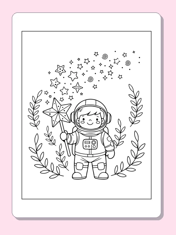 Astronaut with a Star Wand astronaut coloring page, original black and white line art