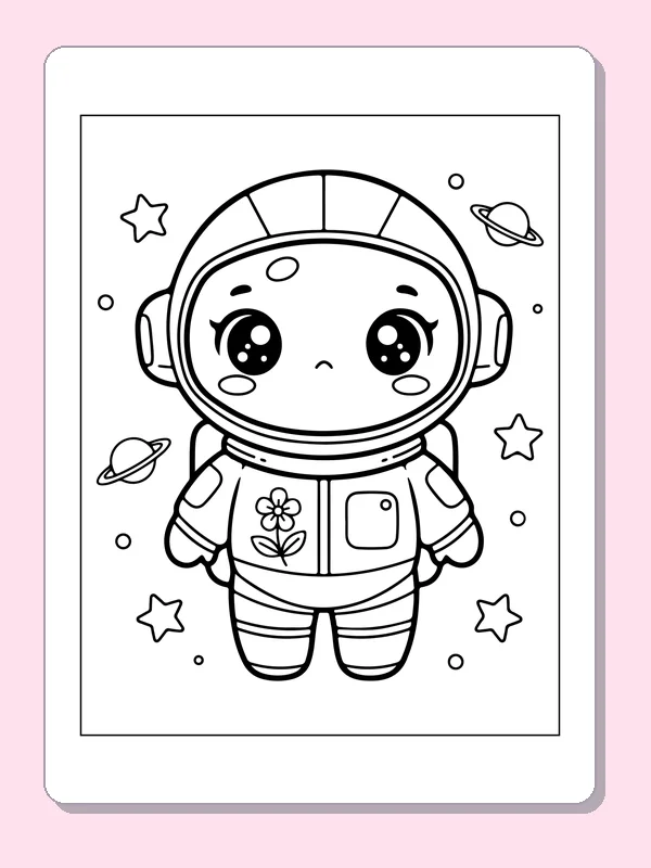 Close-Up of a Cute Astronaut astronaut coloring page, original black and white line art
