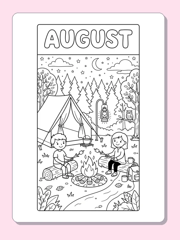 Two children by a campfire beside a tent and stream under August lettering, stars and owl