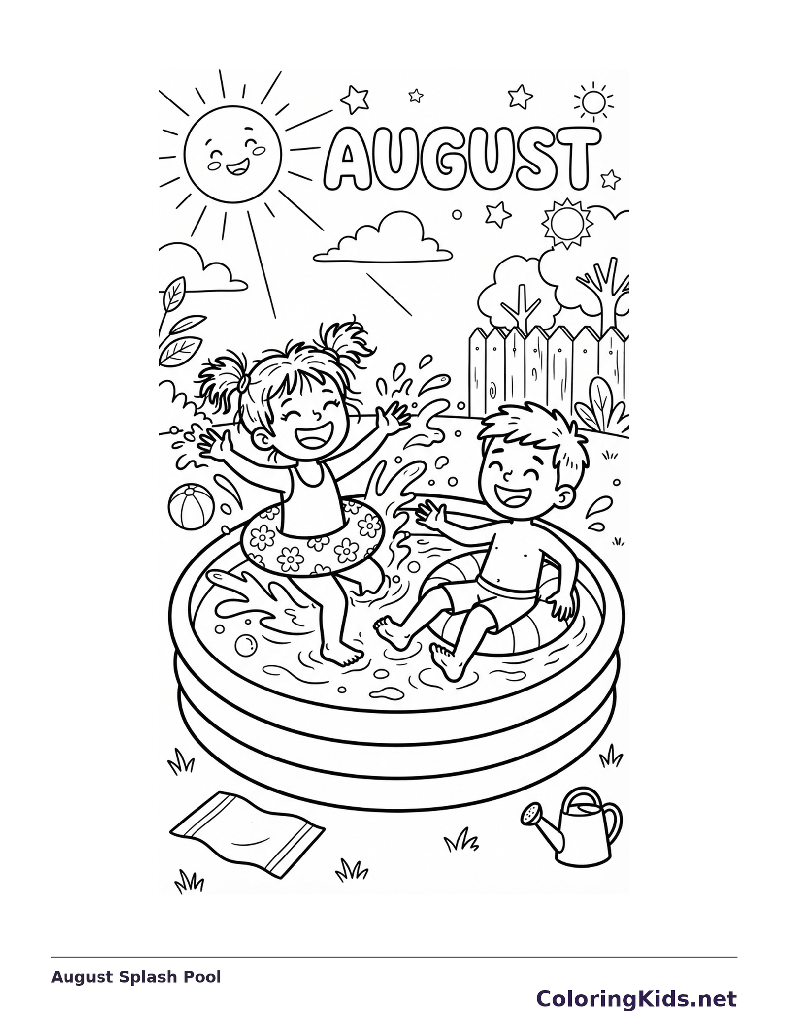 Two children splashing in a backyard pool with float ring, ball, towel and watering can