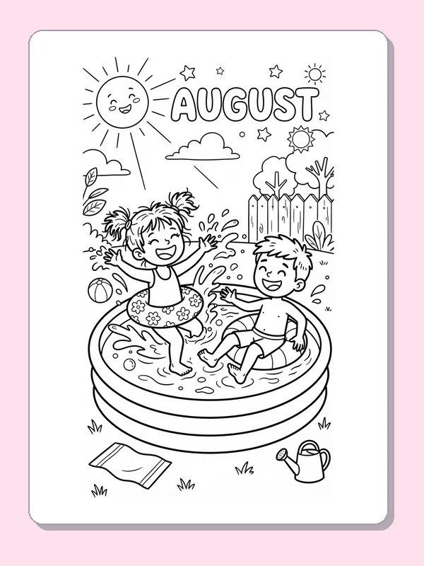 Two children splashing in a backyard pool with float ring, ball, towel and watering can