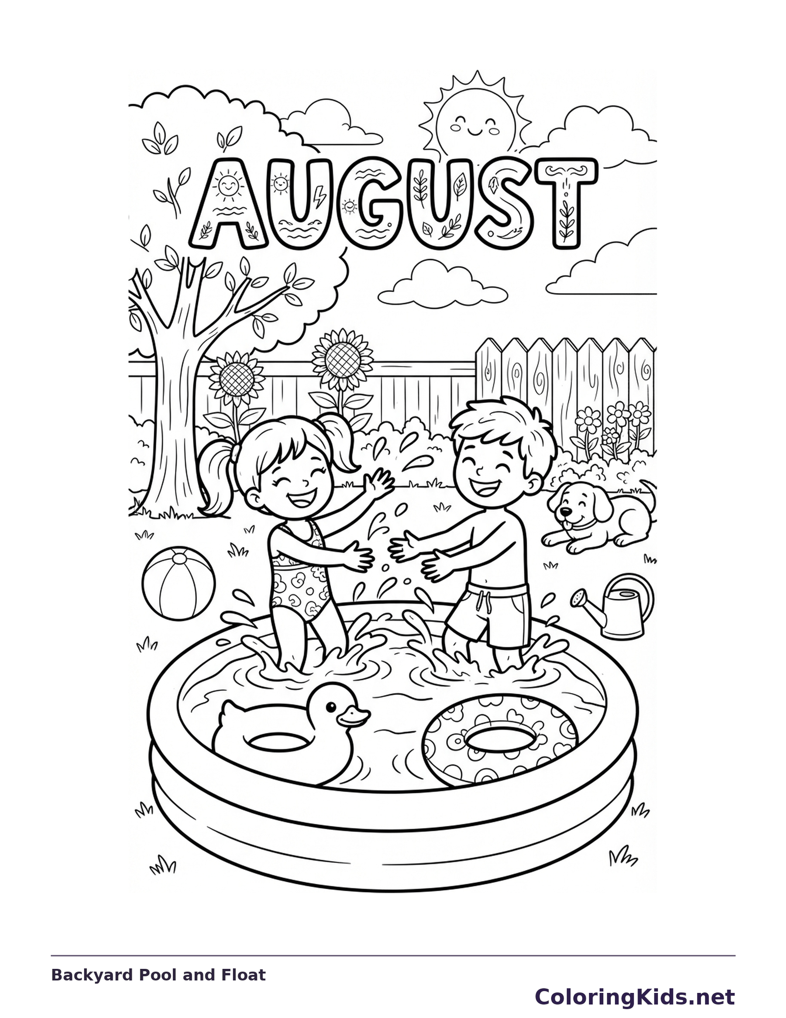 Two children in a backyard pool with inflatable duck, ring, dog, sunflowers and fence