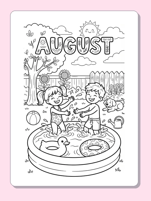 Two children in a backyard pool with inflatable duck, ring, dog, sunflowers and fence