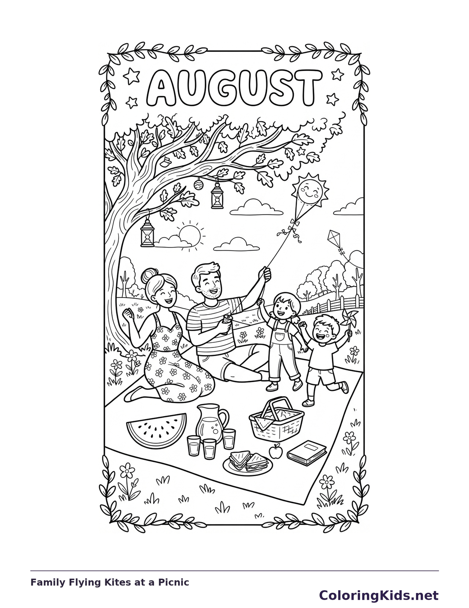 Family with two children flying kites beside a picnic blanket under a leafy tree and lanterns