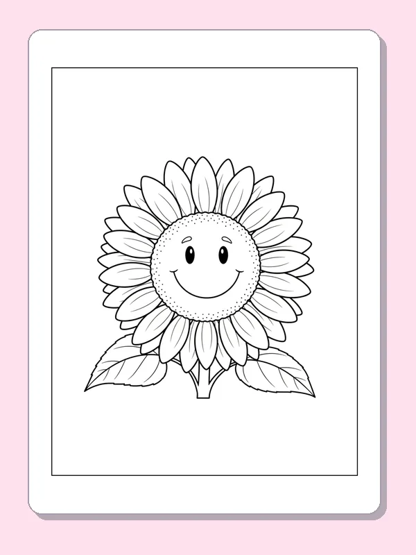 Single smiling sunflower with two leaves and broad petals inside a thin page border
