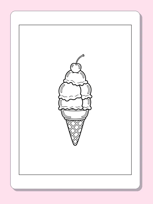 Stacked ice cream scoops with a cherry above a patterned waffle cone