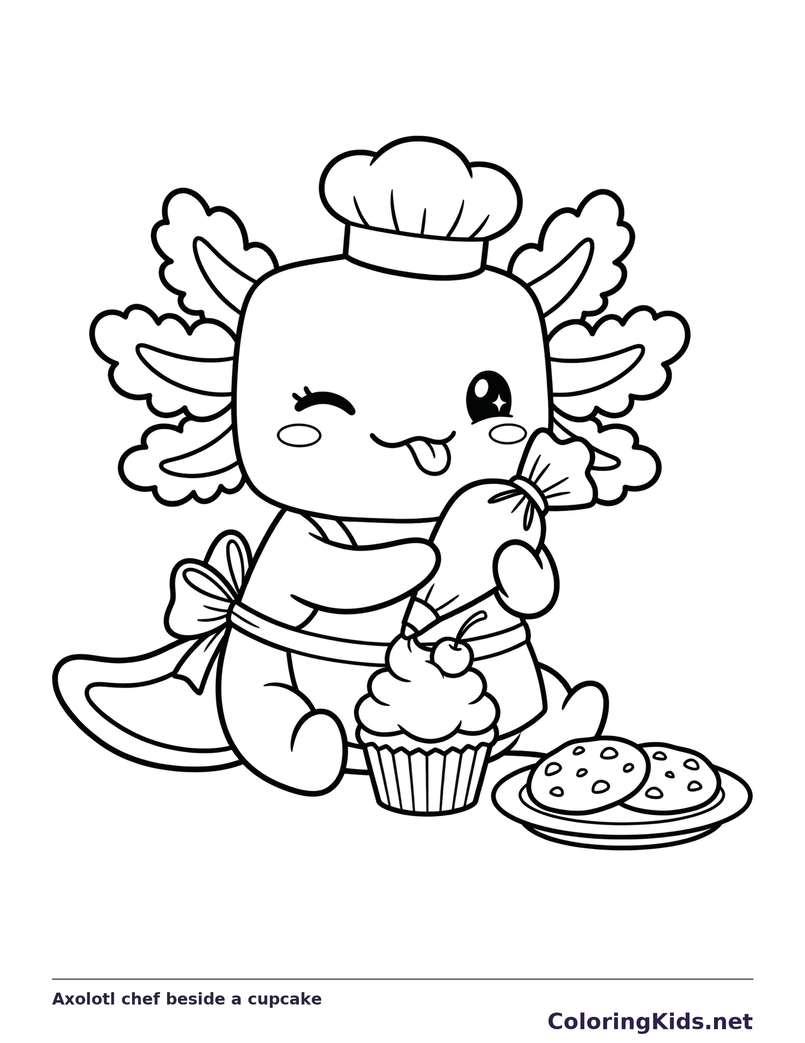 Black and white printable axolotl chef beside a cupcake coloring sheet