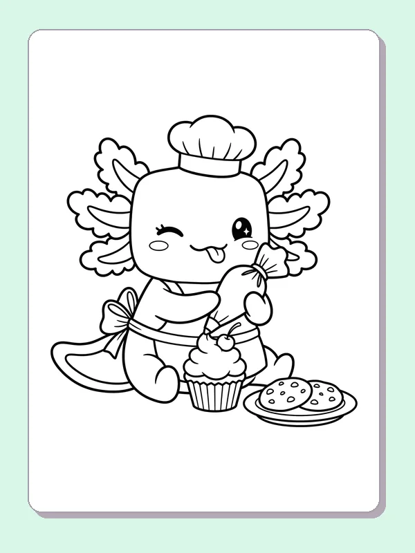 Black and white printable axolotl chef beside a cupcake coloring sheet