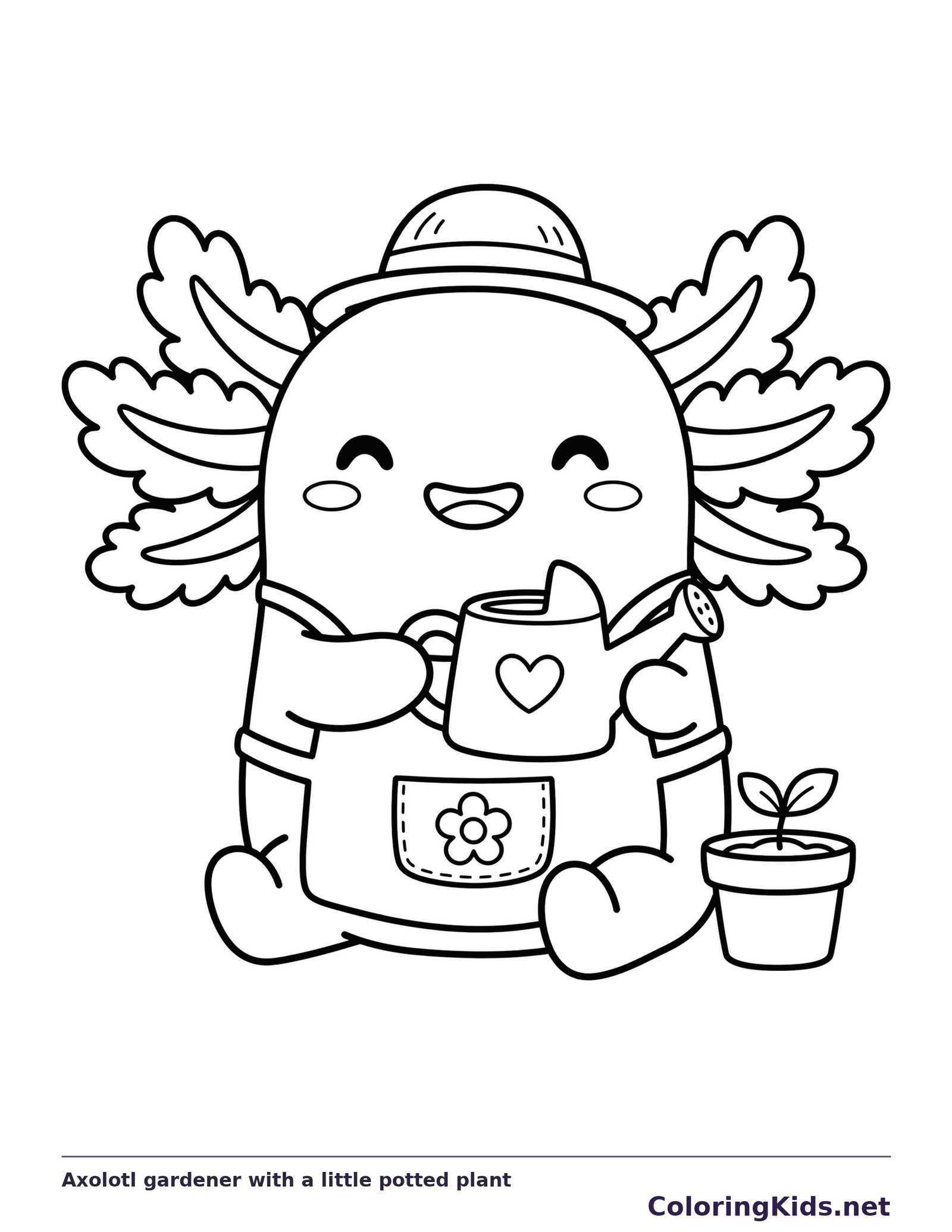 Black and white printable axolotl gardener with a little potted plant coloring sheet