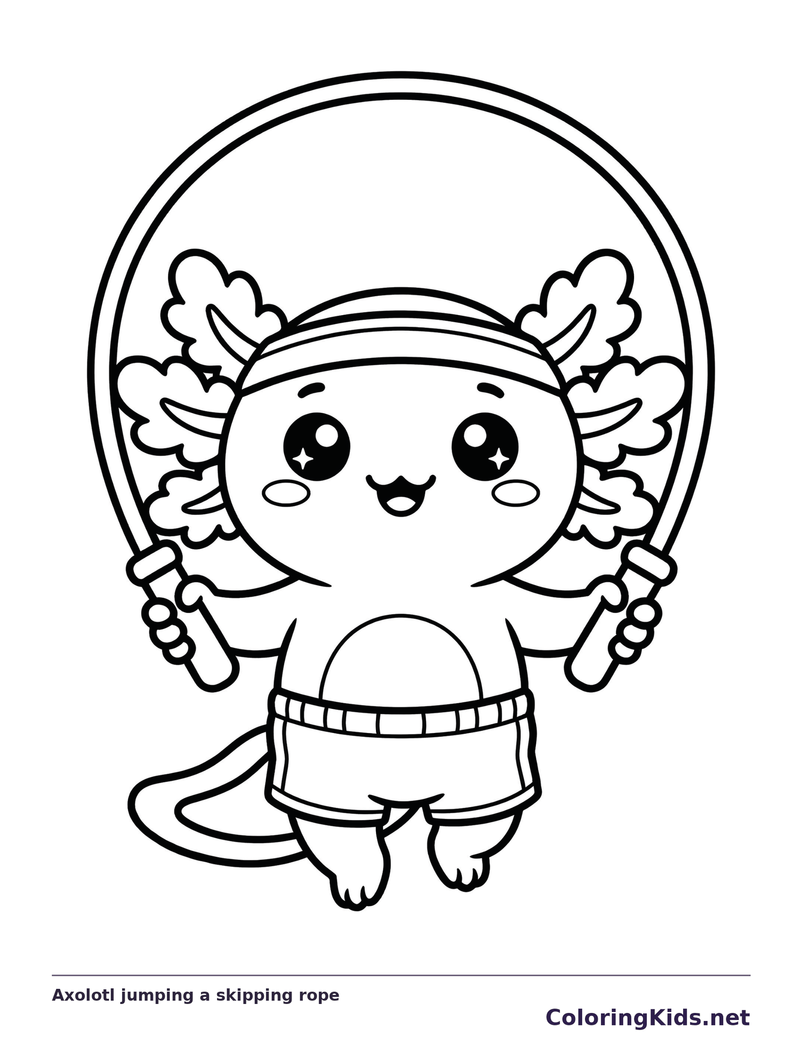 Black and white printable axolotl jumping a skipping rope coloring sheet