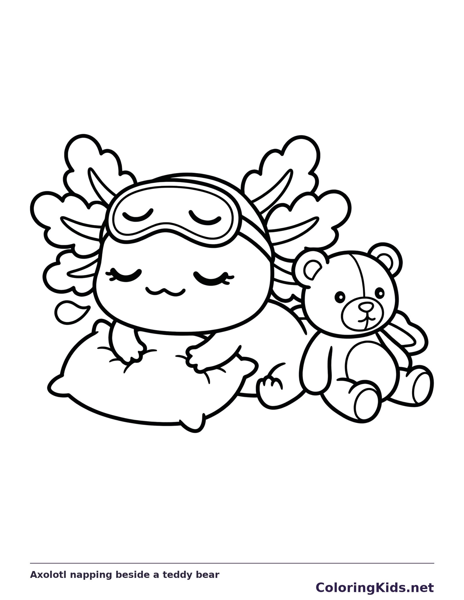 Black and white printable axolotl napping beside a teddy bear coloring sheet