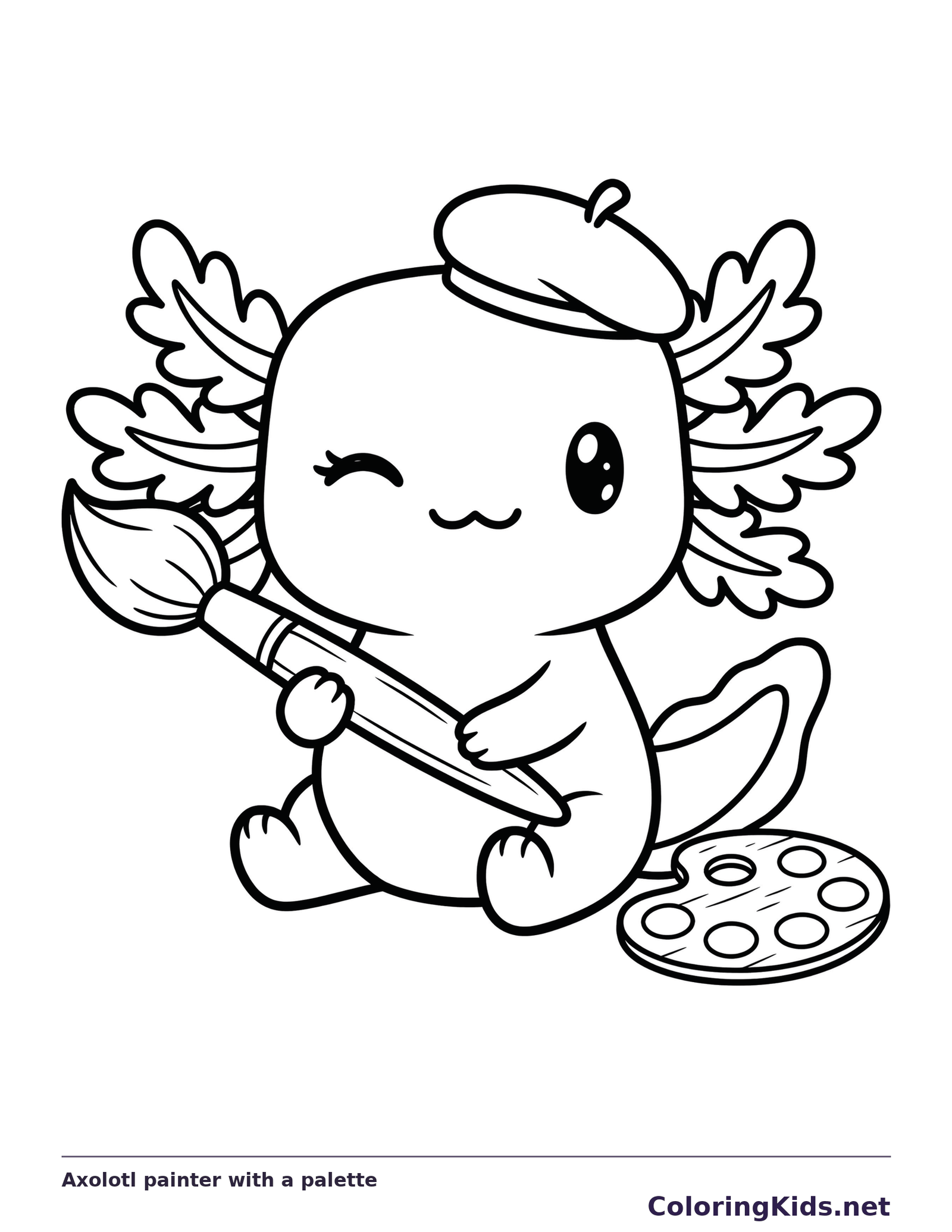 Black and white printable axolotl painter with a palette coloring sheet