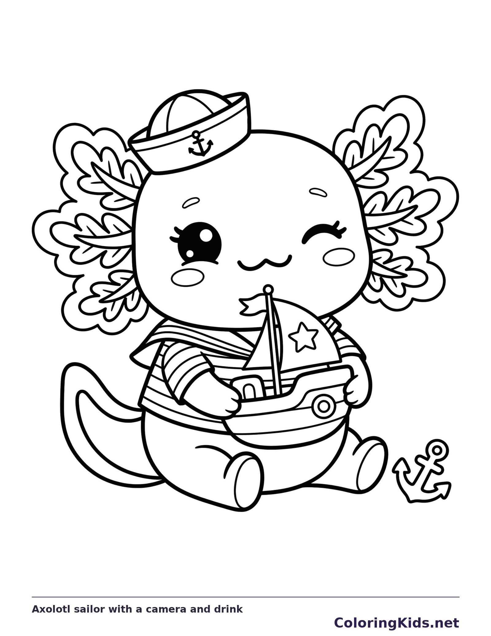 Black and white printable axolotl sailor with a camera and drink coloring sheet
