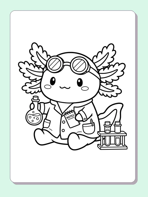 Black and white printable axolotl scientist with a flask coloring sheet
