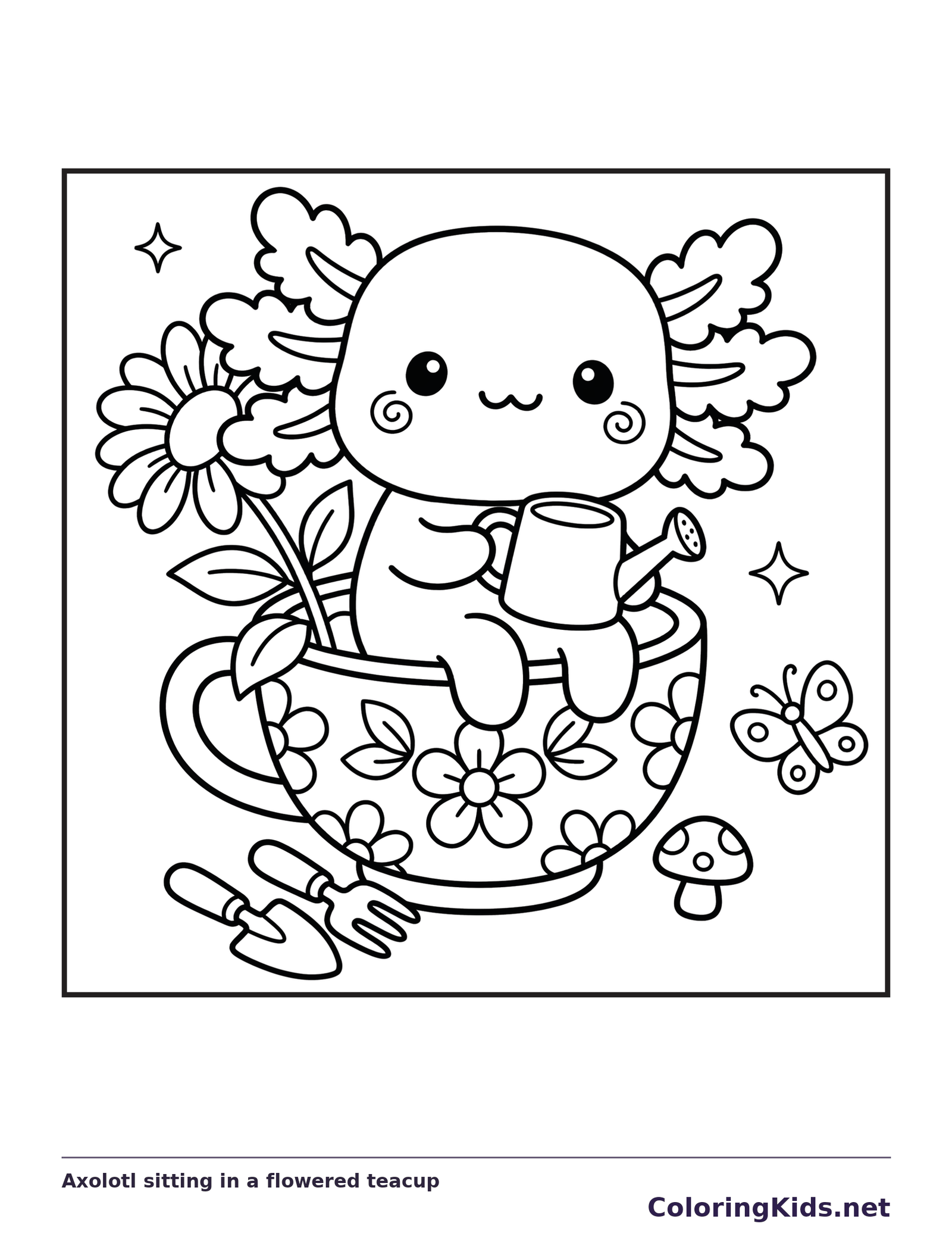Black and white printable axolotl sitting in a flowered teacup coloring sheet