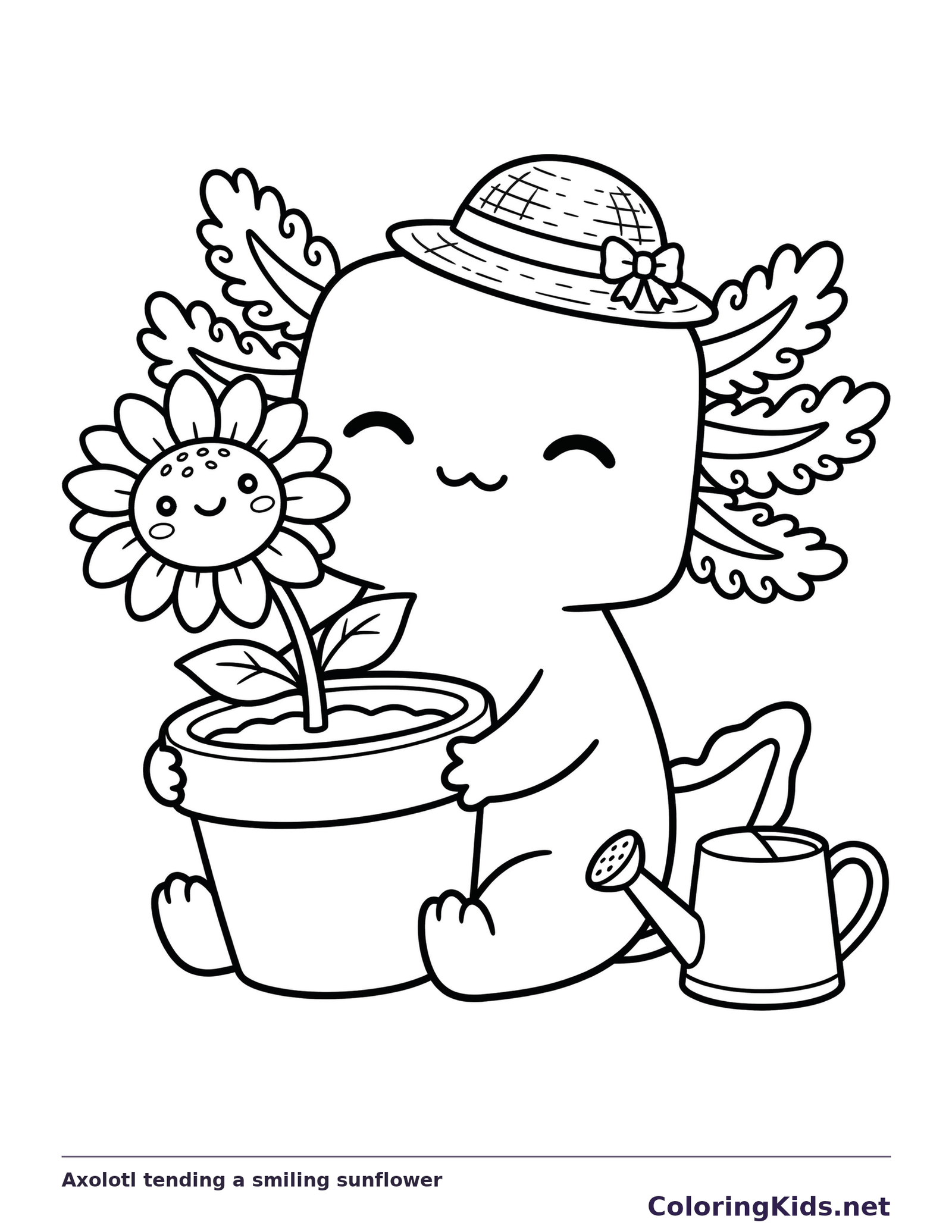 Black and white printable axolotl tending a smiling sunflower coloring sheet