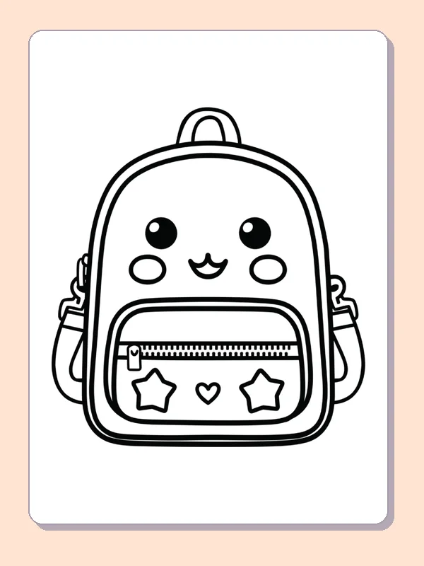 Black and white printable backpack with stars and hearts coloring sheet
